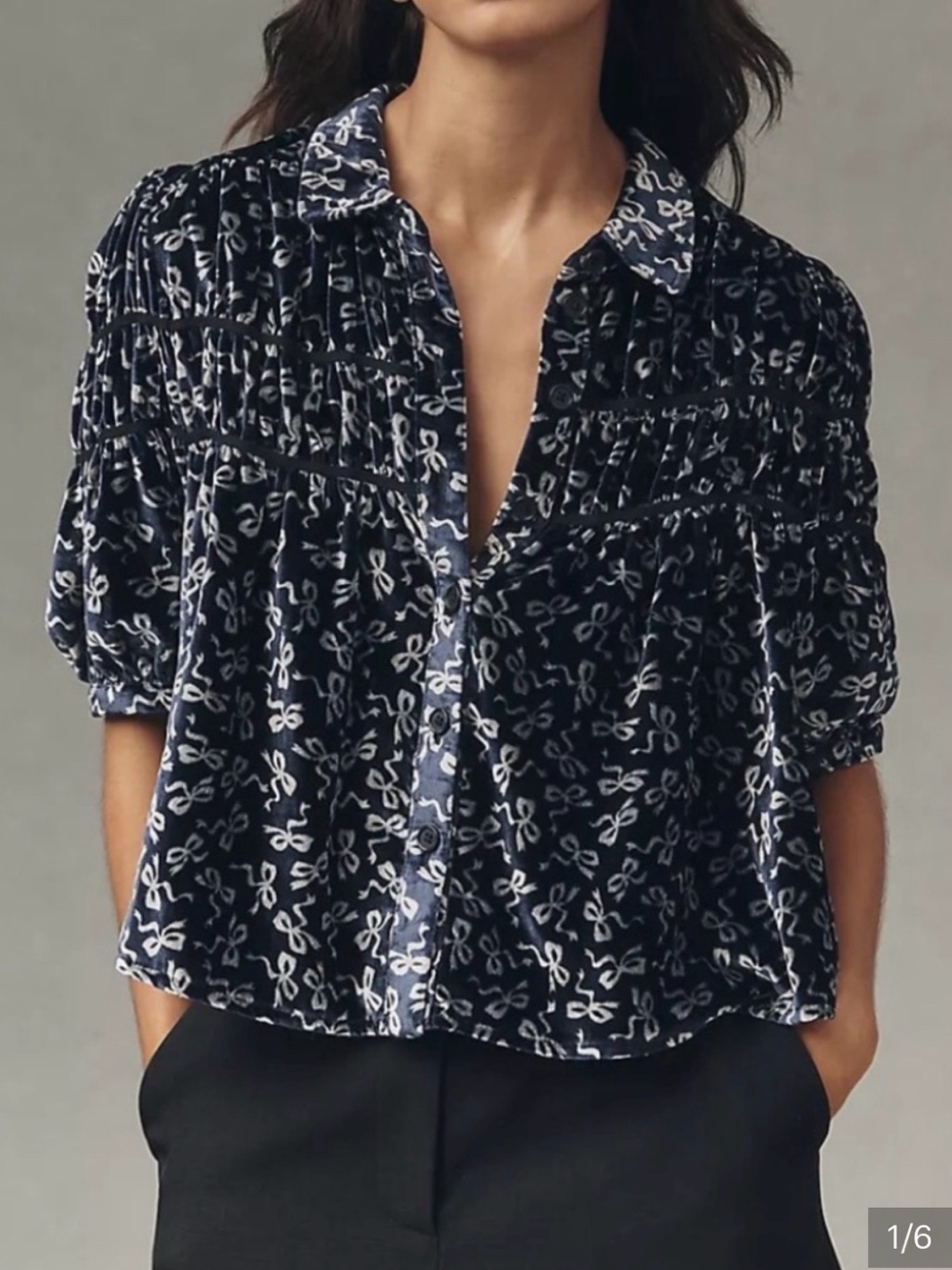 NWT Anthropologie Maeve Navy Velvet Button-Down Blouse with White Bow Print M